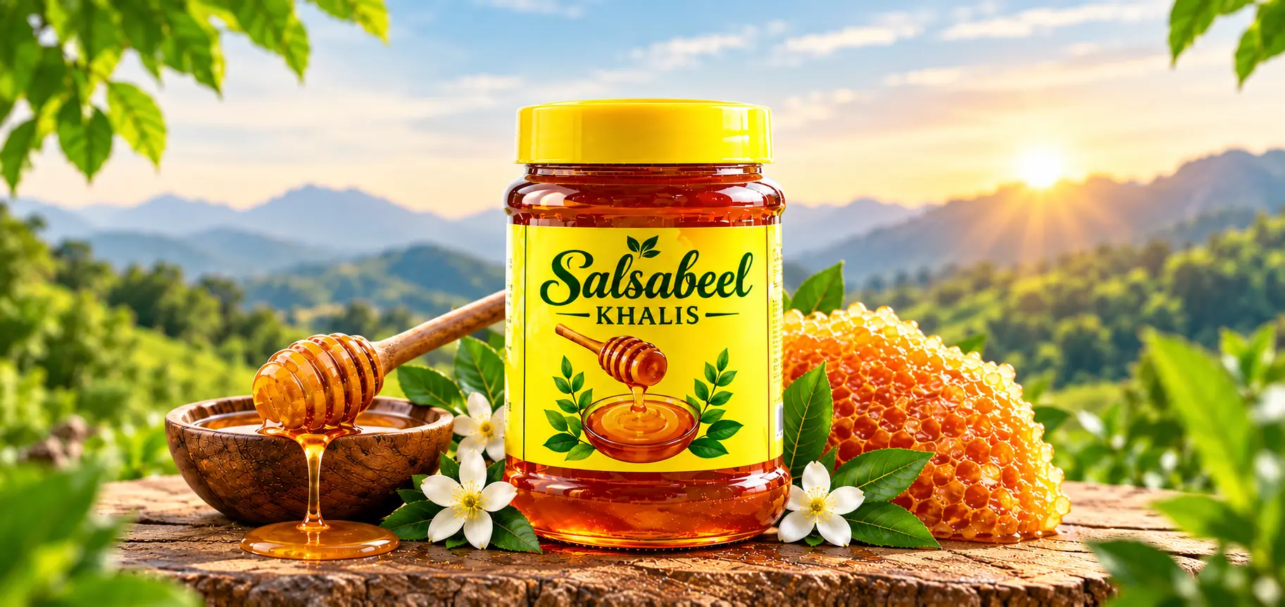Salsabeel Khalis pure honey jar in the hills